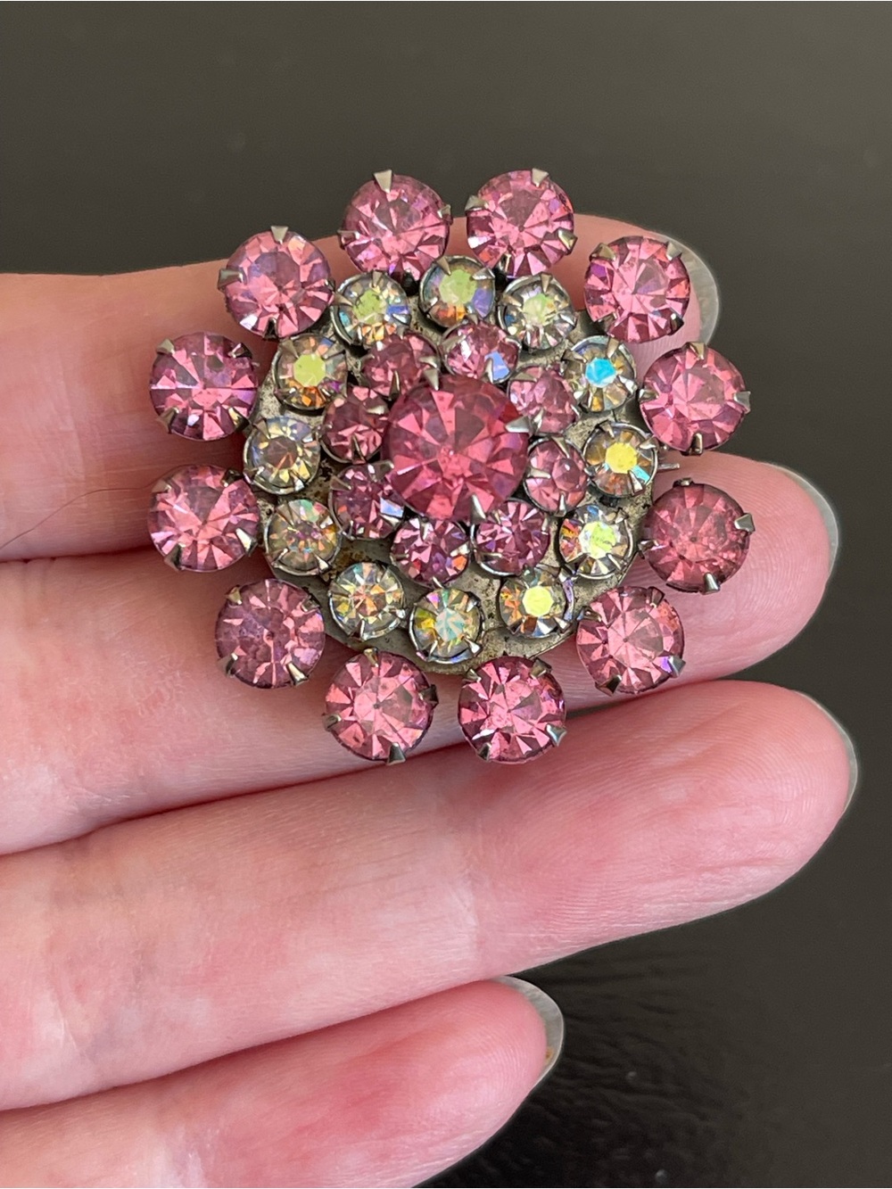 Vintage AB and Pink rhinestone brooch.